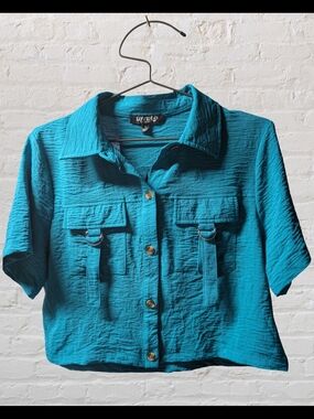 LOVE 83 Teal Textured Short Sleeve Button-Up Shirt
